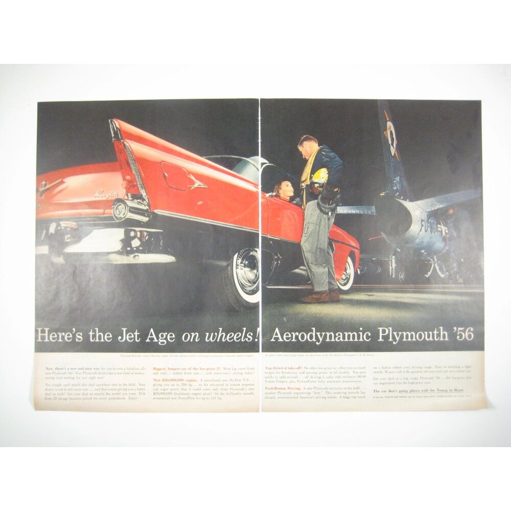 Jet Age Aerodynamic Plymouth Car 1956 Vintage Print Ad 2 Page MOD